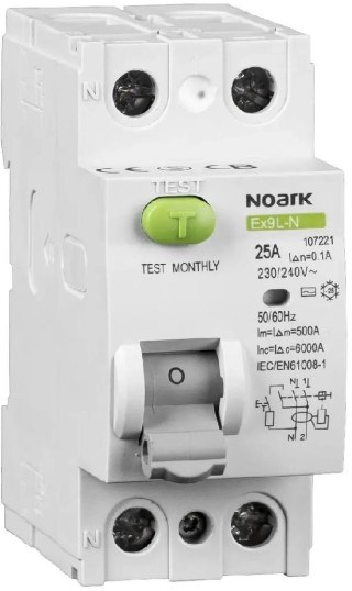 WYŁĄCZNIK RÓŻNICOWOPRĄDOWY, 6 KA, 25A, 30MA, 2P TYP AC EX9L-N Noark 108314