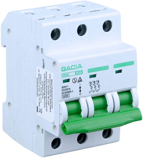 Wyłącznik nadmiarowoprądowy,6kA,B,3-pola,20A GACIA SB6L B 3P 20A