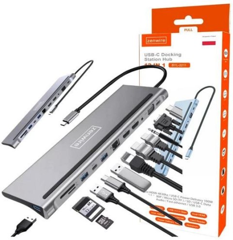 HUB ADAPTER USB-C 12w1 Stacja Dokująca 2x HDMI 4K ETHERNET RJ45 USB 3.0 BYL-2211