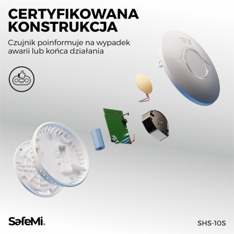 SAFEMI Czujnik dymu - Wbudowana bateria 10 lat, Gwarancja 5 lat SHS-10S