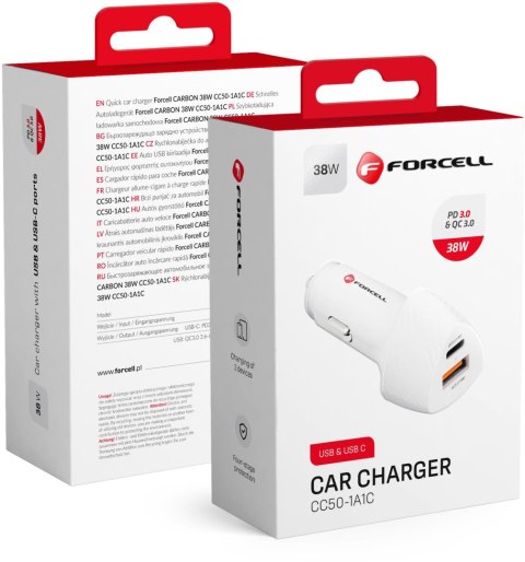ŁADOWARKA SAMOCHODOWA Forcell Carbon CC50-1A1C 38 W 1x USB-C 1x USB-A PD 3.0 QC 3.0 BIAŁA