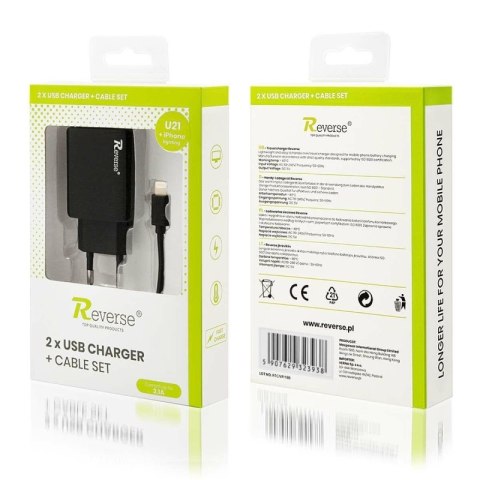 Ładowarka sieciowa REVERSE U21 2xUSB + kabel Iphone 2.1A czarny