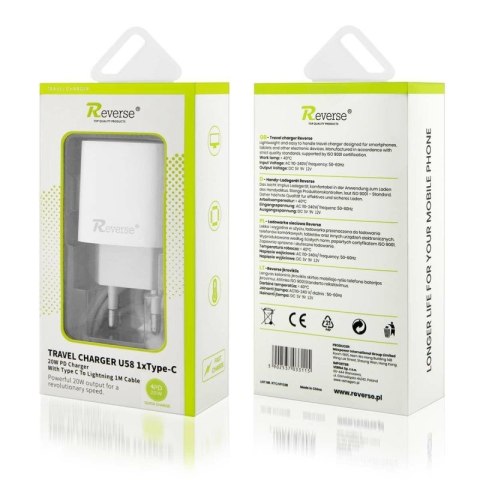Ładowarka sieciowa REVERSE U58 1xType C + kabel Type C/iPhone 3A, 20W, Power Delivery biały