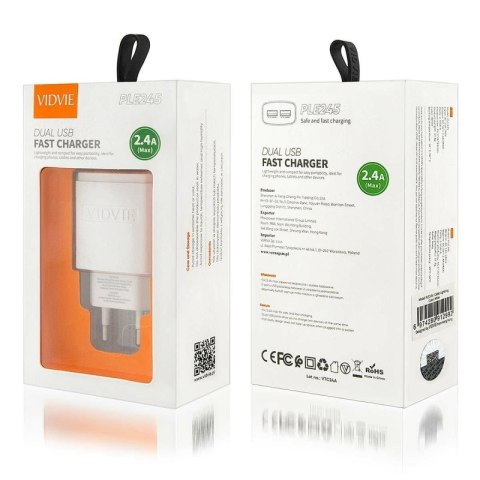 Ładowarka sieciowa VIDVIE PLE245 2xUSB + kabel Iphone 2.4A biały