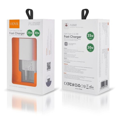 Ładowarka sieciowa VIDVIE PLE255 1xUSB + 1xType C 3A 35W GaN compatible PD20W biały