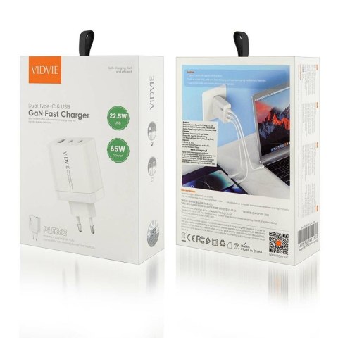 Ładowarka sieciowa VIDVIE PLE262 1xUSB + 2xType C + kabel Type C/iPhone 3A 65W GaN biały