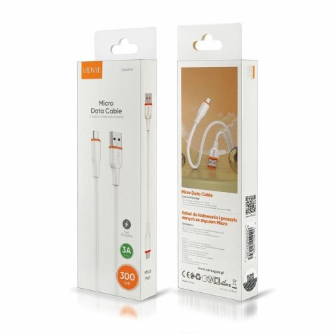 Kabel VIDVIE CB4031 USB/Micro 3A, 3m biały