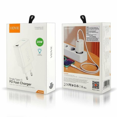 Ładowarka sieciowa VIDVIE PLE268 1xUSB + 1xType C 3A PD 20W biały