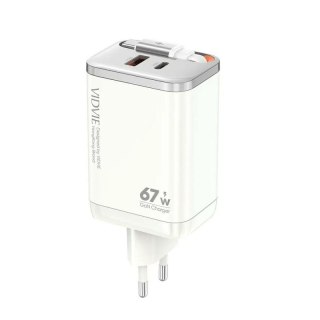 Ładowarka sieciowa VIDVIE PLE224 1xUSB+1xType C + wbudowany kabel Type C 67W GaN biały