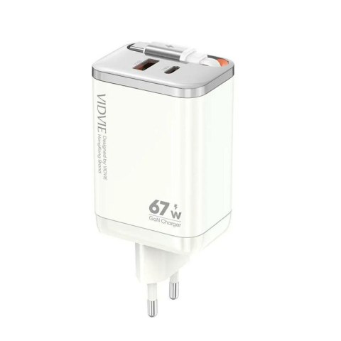 Ładowarka sieciowa VIDVIE PLE224 1xUSB+1xType C + wbudowany kabel Type C 67W GaN biały
