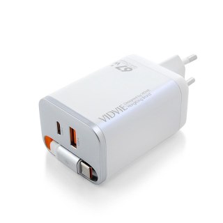 Ładowarka sieciowa VIDVIE PLE224 1xUSB+1xType C + wbudowany kabel Type C 67W GaN biały