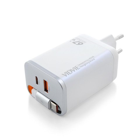 Ładowarka sieciowa VIDVIE PLE224 1xUSB+1xType C + wbudowany kabel Type C 67W GaN biały
