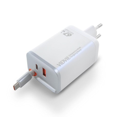 Ładowarka sieciowa VIDVIE PLE224 1xUSB+1xType C + wbudowany kabel Type C 67W GaN biały