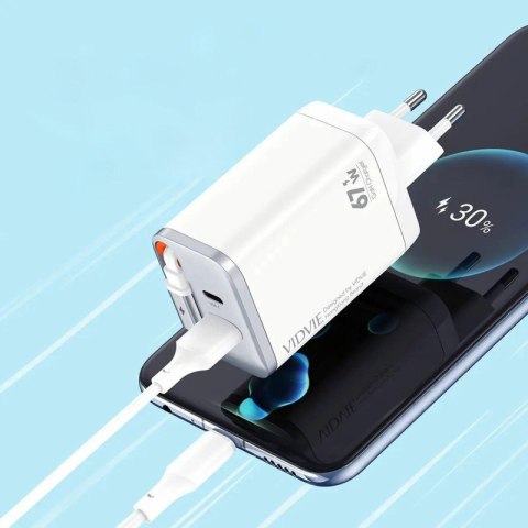 Ładowarka sieciowa VIDVIE PLE224 1xUSB+1xType C + wbudowany kabel Type C 67W GaN biały