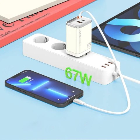 Ładowarka sieciowa VIDVIE PLE224 1xUSB+1xType C + wbudowany kabel Type C 67W GaN biały