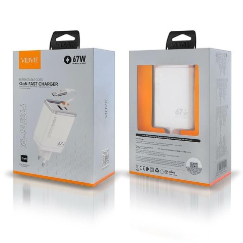 Ładowarka sieciowa VIDVIE PLE224 1xUSB+1xType C + wbudowany kabel Type C 67W GaN biały