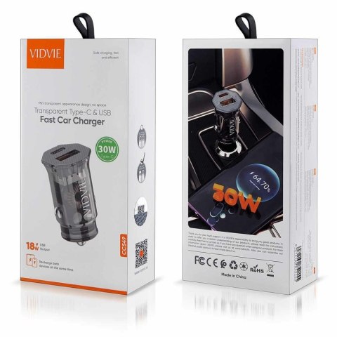 Ładowarka samochodowa VIDVIE CC549 1xUSB + 1xType C + kabel Type C/iPhone 30W czarny