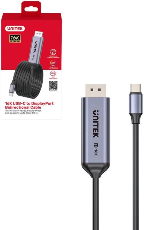 Kabel Dwukierunkowy Unitek USB-C - DisplayPort 16K 80Gbps HDR 1,8 m