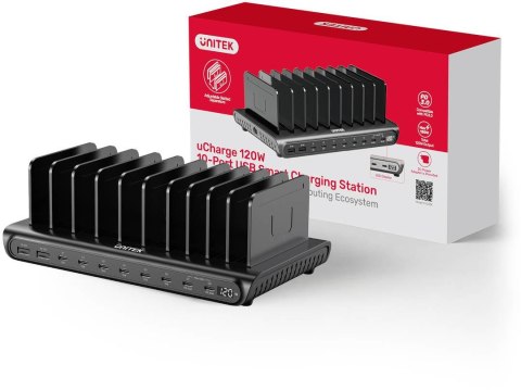 Unitek 10-portowa stacja ładowania 2 x USB-A 15W, 8 x USB-C PD 65W, 120W