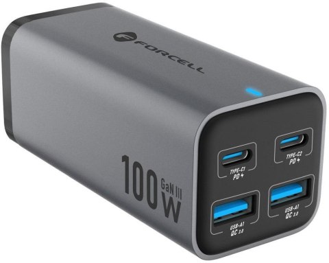 Ładowarka biurkowa Forcell F-Energy GaN III 2x USB-C 2x USB-A QC 4.0 PD 5A 100W VT-49 szara