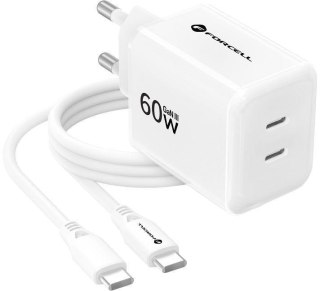 Ładowarka sieciowa Forcell F-Energy GaN III VT-60 60W PD QC 4.0+ 2x USB-C biała + kabel USB-C