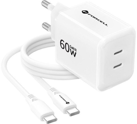 Ładowarka sieciowa Forcell F-Energy GaN III VT-60 60W PD QC 4.0+ 2x USB-C biała + kabel USB-C