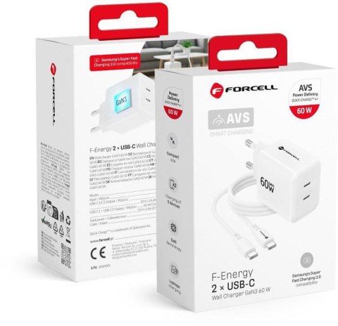 Ładowarka sieciowa Forcell F-Energy GaN III VT-60 60W PD QC 4.0+ 2x USB-C biała + kabel USB-C