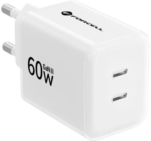 Ładowarka sieciowa Forcell F-Energy GaN III VT-60 60W PD QC 4.0+ 2x USB-C biała + kabel USB-C