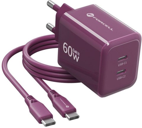 Ładowarka sieciowa Forcell F-Energy GaN III VT-60 60W PD QC 4.0+ 2x USB-C burgundowa + kabel USB-C