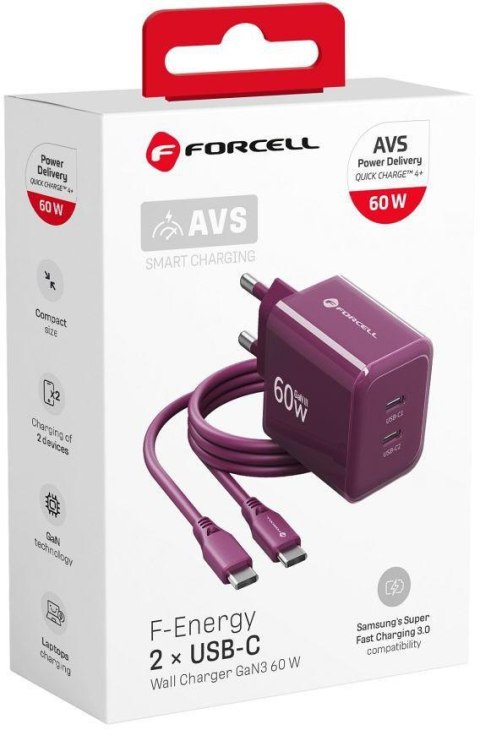 Ładowarka sieciowa Forcell F-Energy GaN III VT-60 60W PD QC 4.0+ 2x USB-C burgundowa + kabel USB-C