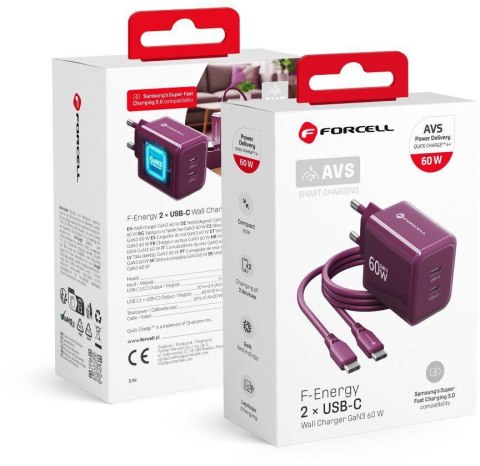 Ładowarka sieciowa Forcell F-Energy GaN III VT-60 60W PD QC 4.0+ 2x USB-C burgundowa + kabel USB-C