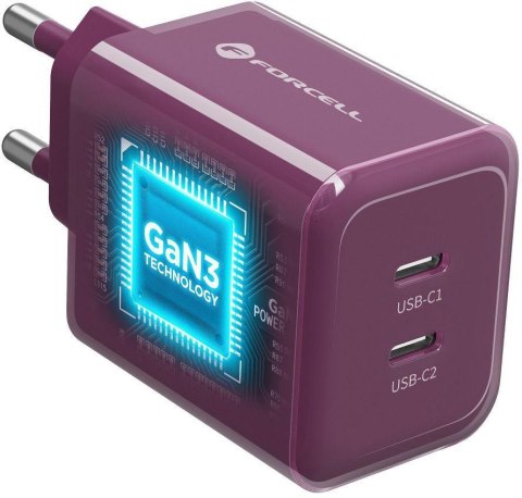 Ładowarka sieciowa Forcell F-Energy GaN III VT-60 60W PD QC 4.0+ 2x USB-C burgundowa + kabel USB-C