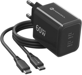 Ładowarka sieciowa Forcell F-Energy GaN III VT-60 60W PD QC 4.0+ 2x USB-C czarna + kabel USB-C