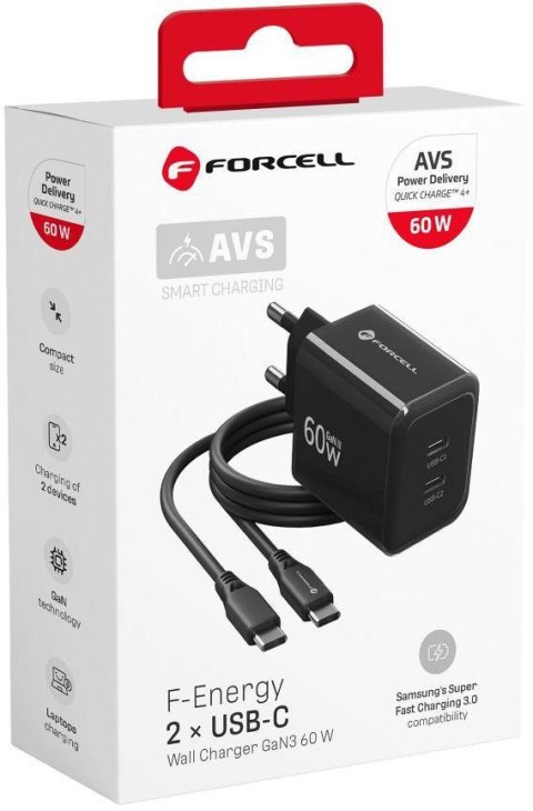 Ładowarka sieciowa Forcell F-Energy GaN III VT-60 60W PD QC 4.0+ 2x USB-C czarna + kabel USB-C
