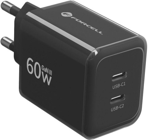Ładowarka sieciowa Forcell F-Energy GaN III VT-60 60W PD QC 4.0+ 2x USB-C czarna + kabel USB-C