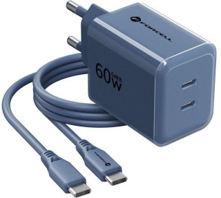 Ładowarka sieciowa Forcell F-Energy GaN III VT-60 60W PD QC 4.0+ 2x USB-C granatowa + kabel USB-C