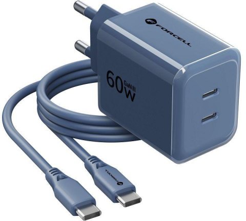 Ładowarka sieciowa Forcell F-Energy GaN III VT-60 60W PD QC 4.0+ 2x USB-C granatowa + kabel USB-C