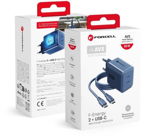 Ładowarka sieciowa Forcell F-Energy GaN III VT-60 60W PD QC 4.0+ 2x USB-C granatowa + kabel USB-C