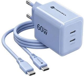Ładowarka sieciowa Forcell F-Energy GaN III VT-60 60W PD QC 4.0+ 2x USB-C niebieska + kabel USB-C
