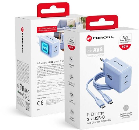 Ładowarka sieciowa Forcell F-Energy GaN III VT-60 60W PD QC 4.0+ 2x USB-C niebieska + kabel USB-C