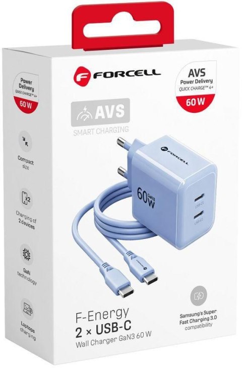 Ładowarka sieciowa Forcell F-Energy GaN III VT-60 60W PD QC 4.0+ 2x USB-C niebieska + kabel USB-C