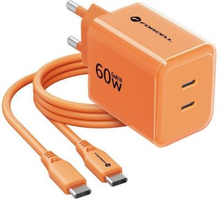 Ładowarka sieciowa Forcell F-Energy GaN III VT-60 60W PD QC 4.0+ 2x USB-C pomarańczowa + kabel USB-C