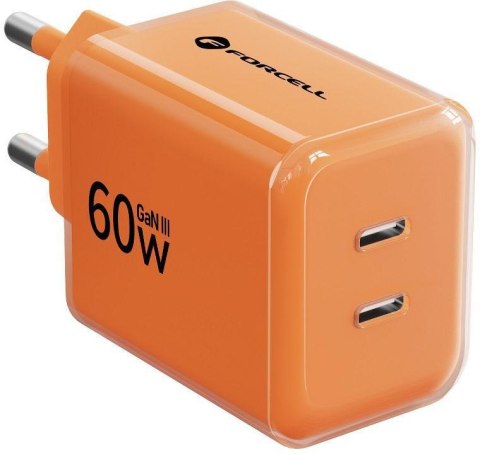 Ładowarka sieciowa Forcell F-Energy GaN III VT-60 60W PD QC 4.0+ 2x USB-C pomarańczowa + kabel USB-C