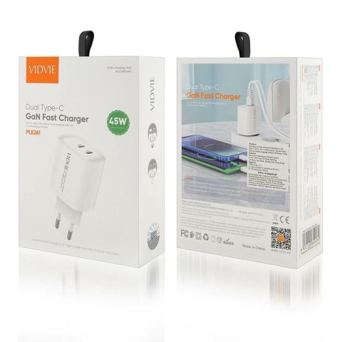Ładowarka sieciowa VIDVIE PLE261 2xType-C + kabel Type-C/iPhone 3A 45W GaN biały