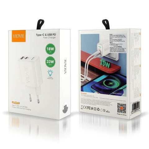 Ładowarka sieciowa VIDVIE PLE269 1xUSB + 1xType C 3A PD 30W biały