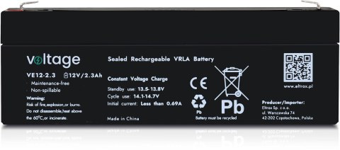 Akumulator AGM Voltage 12V 2,3Ah VE12-2.3 (Żywotność 6-9 lat)