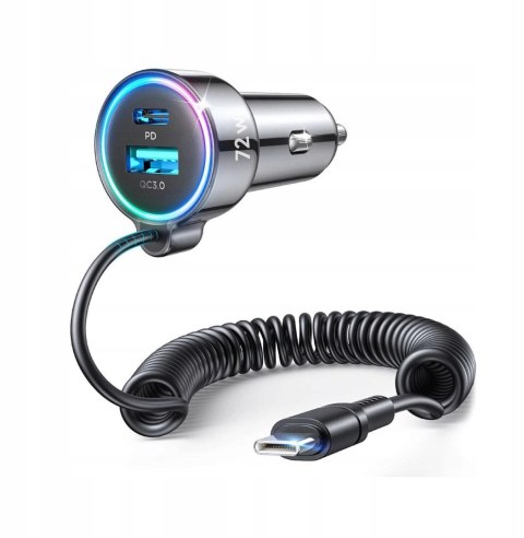 Ładowarka samochodowa 3w1 Joyroom JR-CL07 72W 4.0A PD 3.0 QC 3.0 1x USB-A 1x USB-C z kablem 1.6M