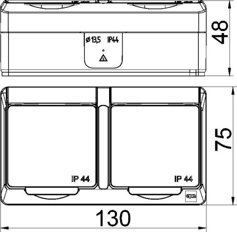 Hermes Gniazdo hermetyczne podwójne n/t z uziemieniem 16A IP44 z klapką dymną GNT 0322‑01