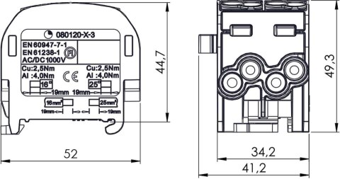 Blok rozdzielczy - odgałęźny SCB 25-2 Al/Cu 80120 SIMBLOCK szary 81505002