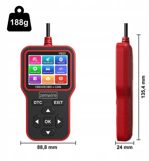 Interfejs Tester Skaner Diagnostyczny OBD2 ELM327 CAN Zenwire V620